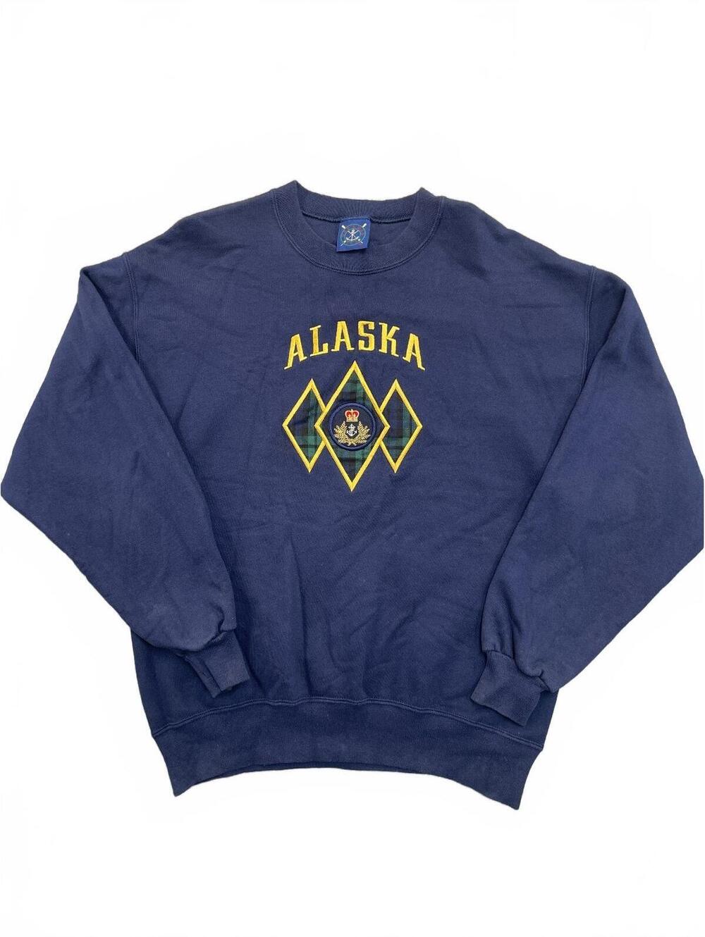 Vintage Alaska Sweatshirt Navy Blue Embroidered Plaid Crest Nautical